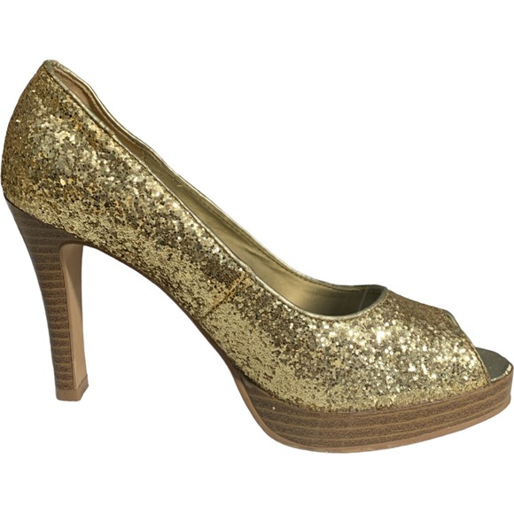 FIONI Gold Sparkle Open Toe Stiletto Heel Size 7 - Picture 6 of 8